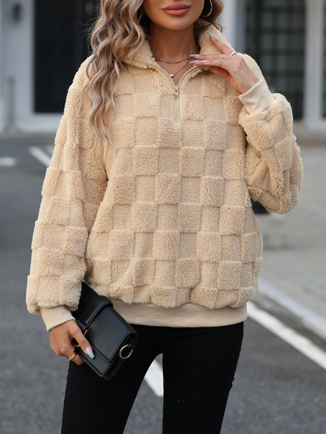 Women's Half Zipped Stand Collar Loose Plaid Plush Pullover Sweater